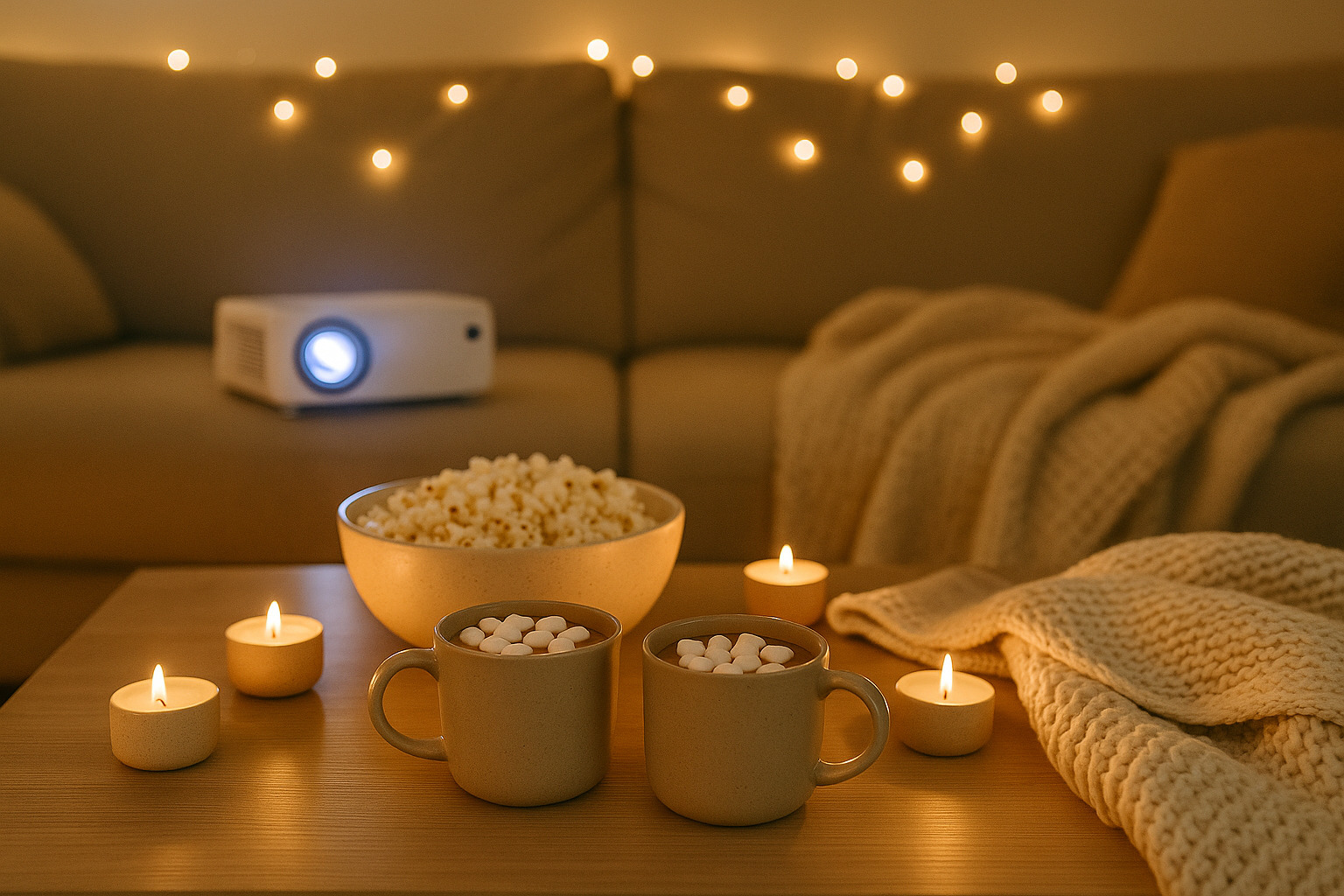 Уютная домашняя обстановка со свечами и красивой сервировкой стола